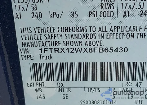 2008 Ford F-150 Fx2/Stx/Xl/Xlt z USA, uszkodzony, nr VIN 1FTRX12WX8FB65430
